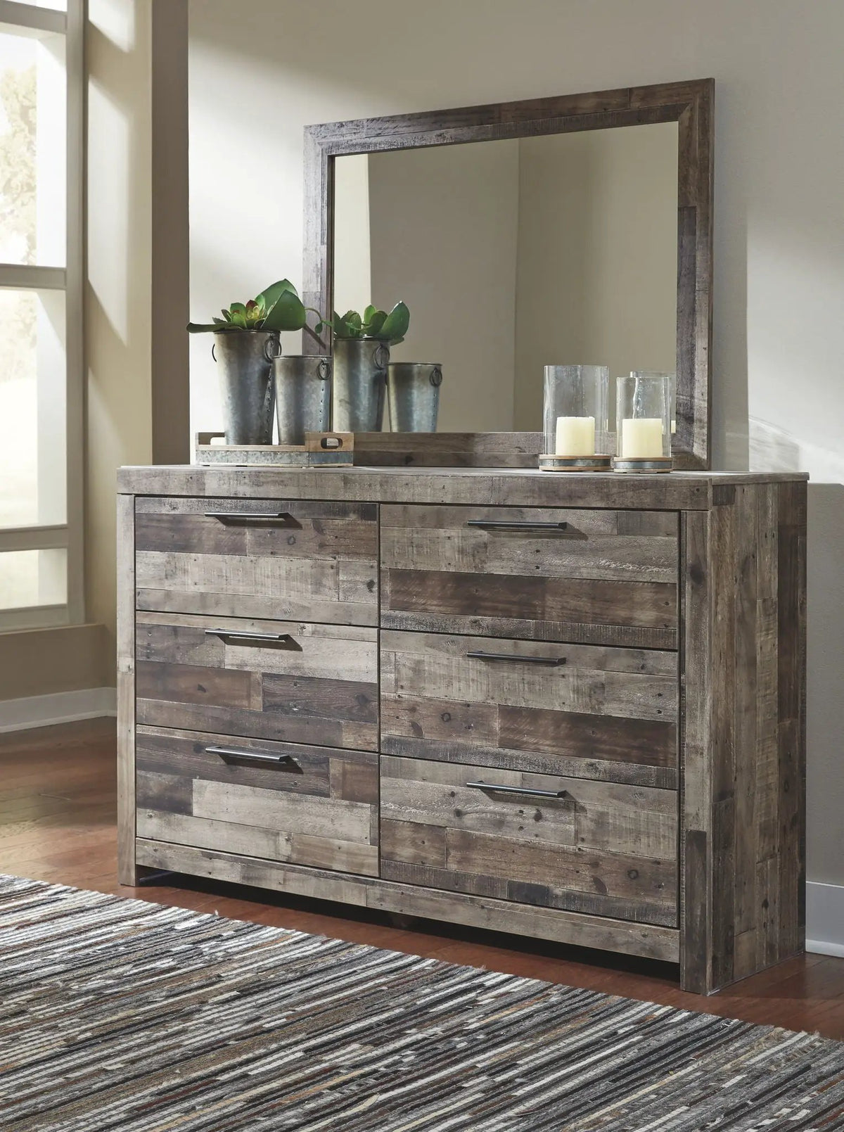 Derekson Panel Bedroom Set | 4-Piece | Rustic Butcher Block Finish | Replicated Pine Grain