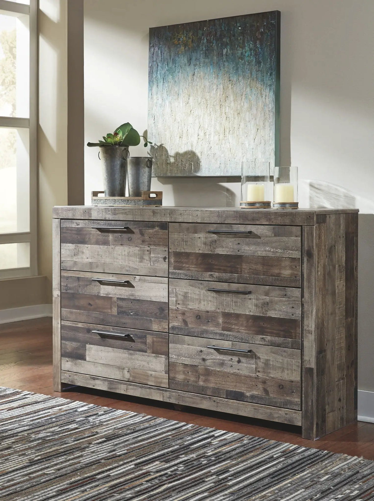Derekson Panel Bedroom Set | 4-Piece | Rustic Butcher Block Finish | Replicated Pine Grain