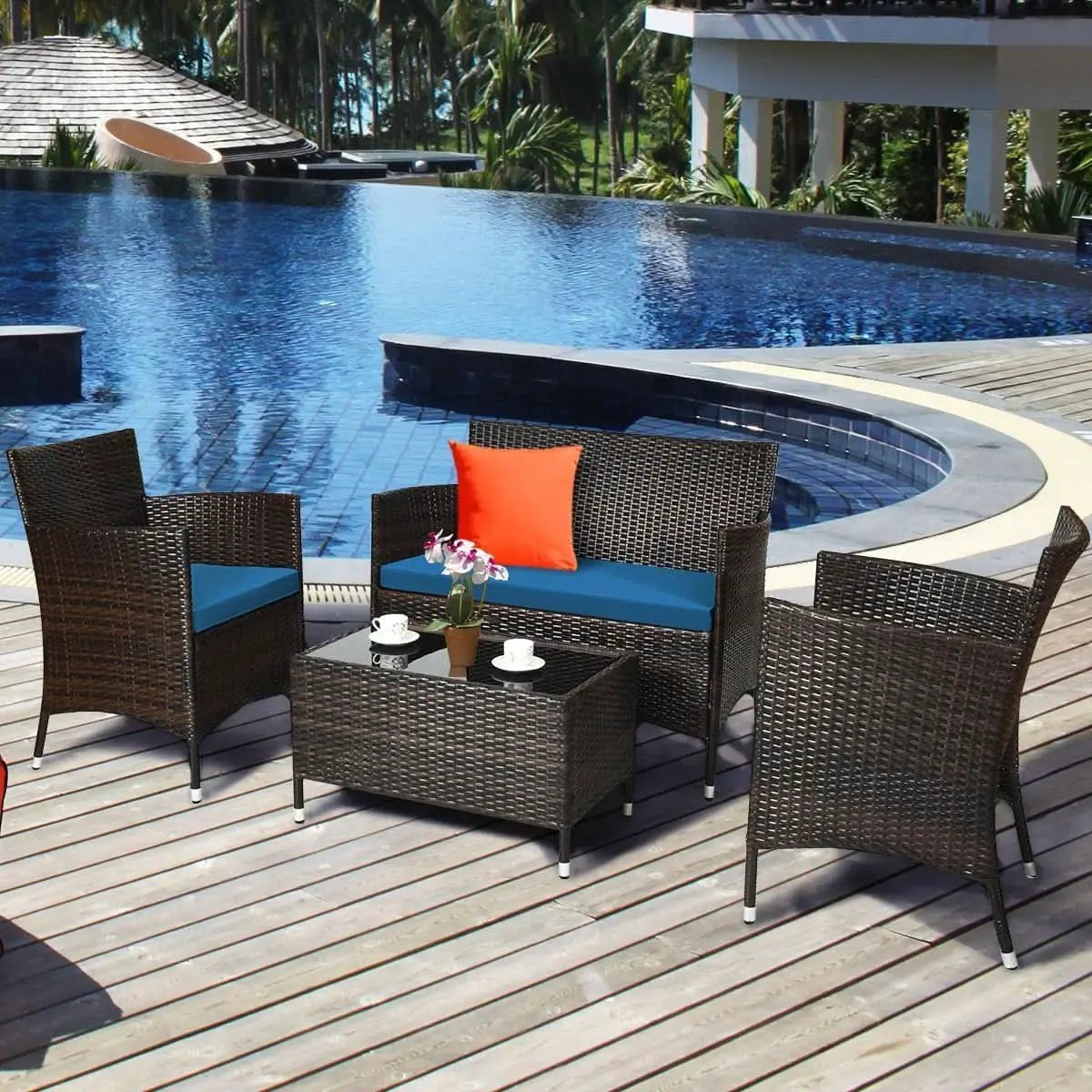 Peacock Blue 4 Piece Rattan Patio Furniture Set With Sectional Sofa from PriceLows™