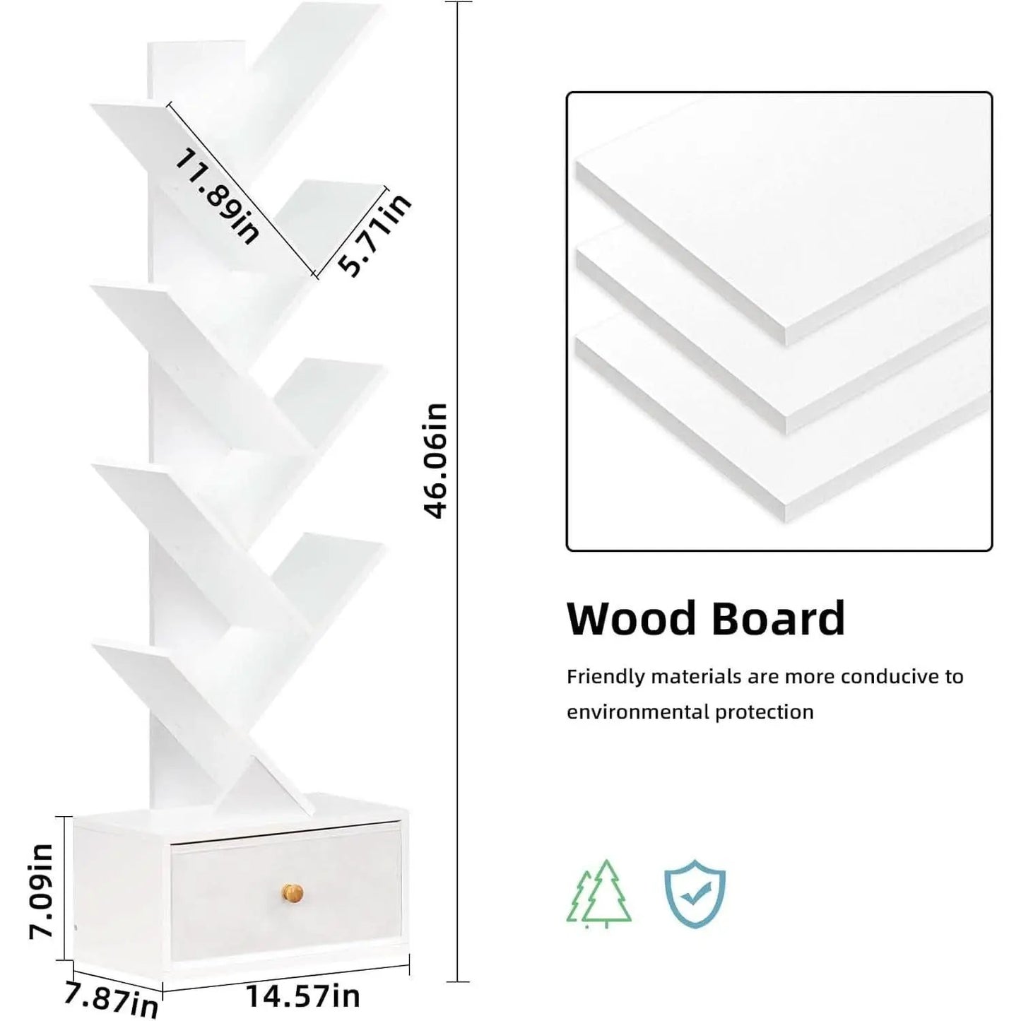 8 Tier Tree Bookshelf With Drawer White Wood Space Saving from PriceLows™