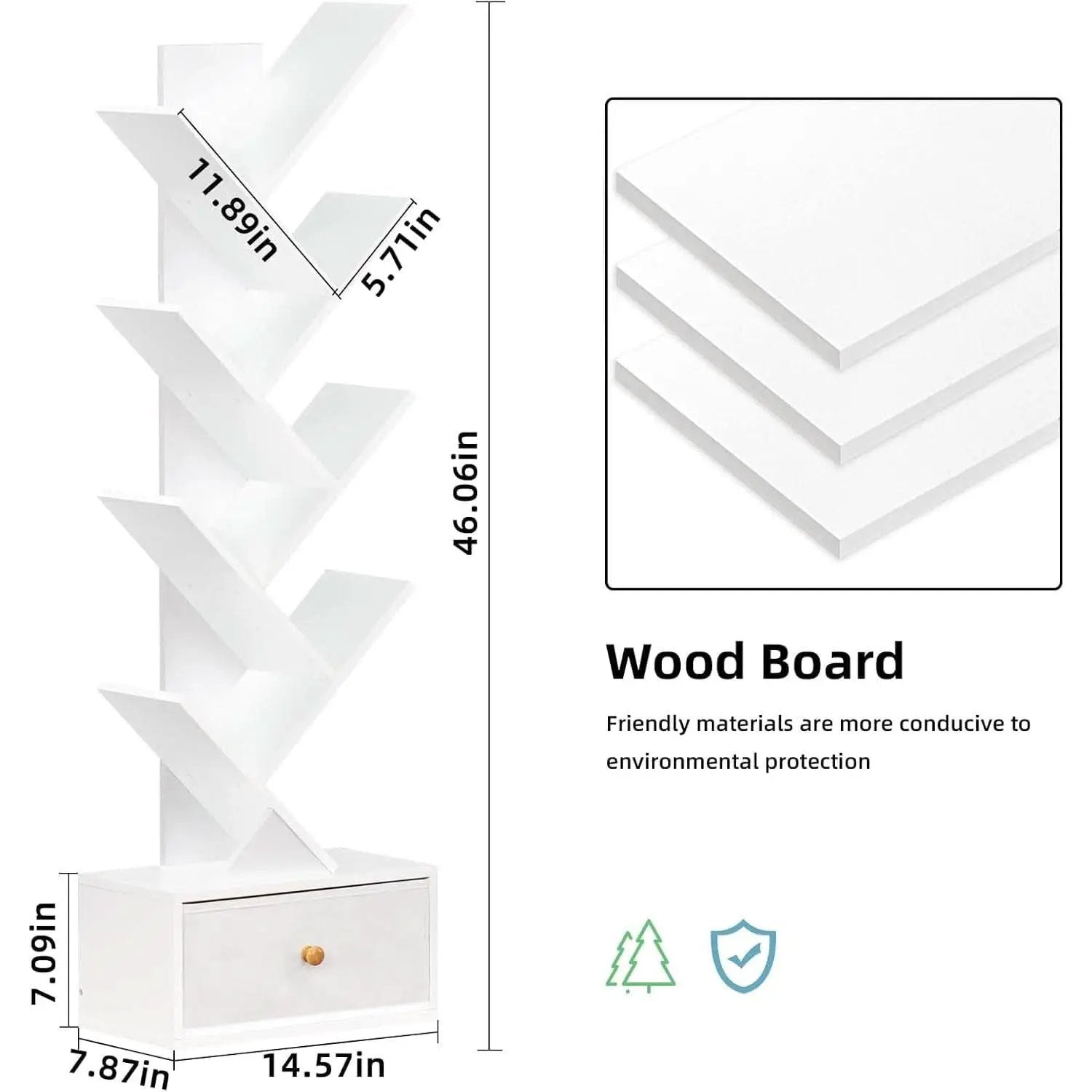 8 Tier Tree Bookshelf With Drawer White Wood Space Saving from PriceLows™