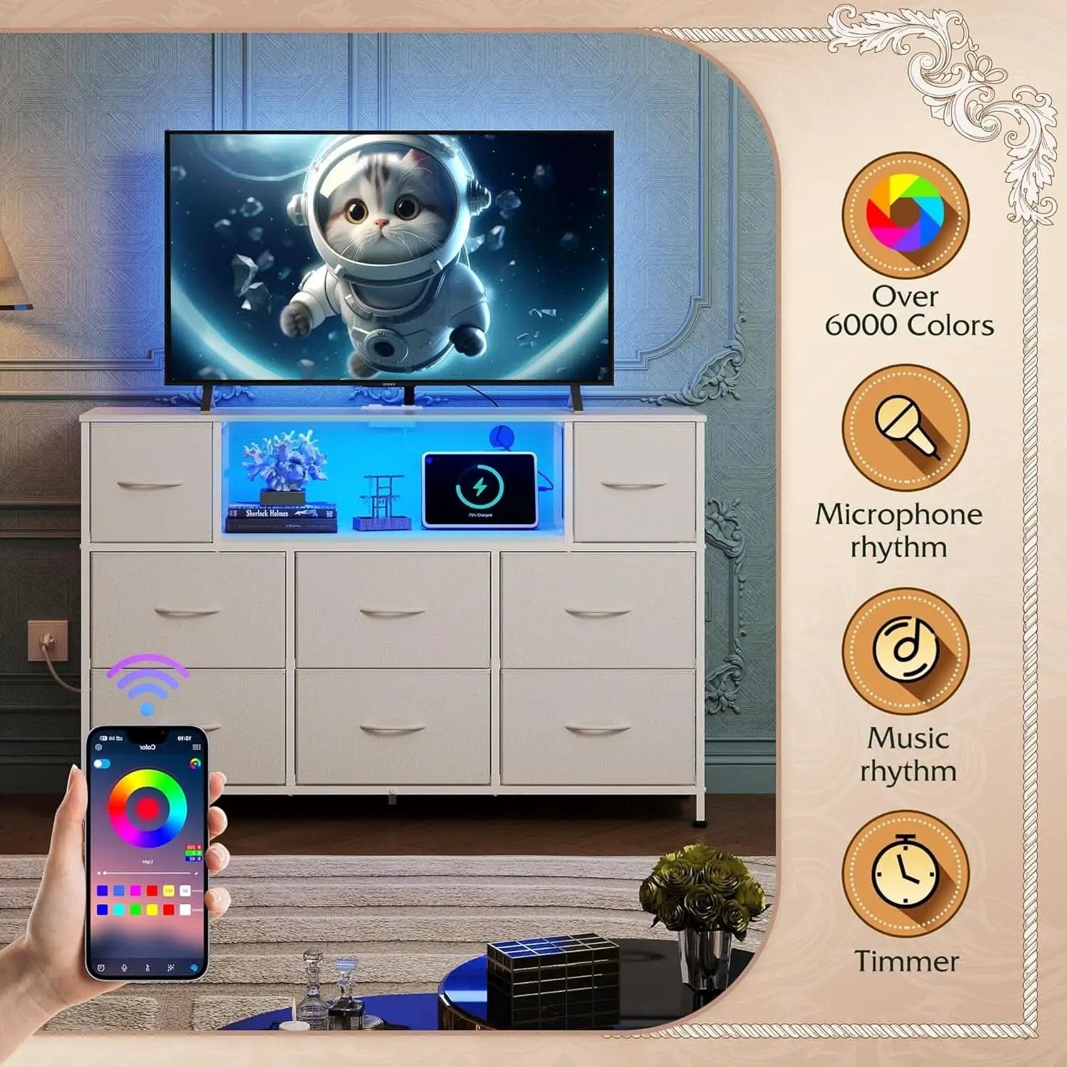 White Dresser TV Stand for 55 Inch TV with Charging Station LED Lights from PriceLows™