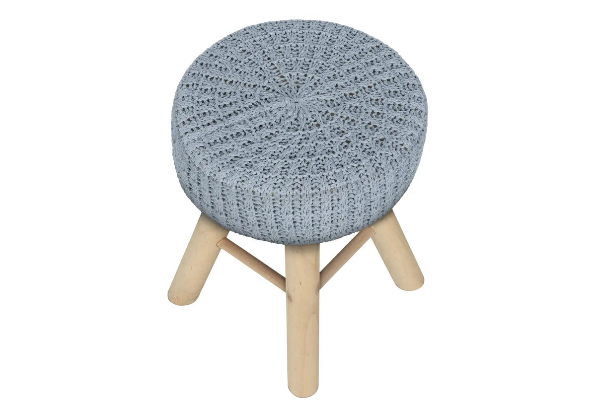 Round Ottoman Pouf | Padded Knit Seat | Natural Wood Legs | Contemporary Style