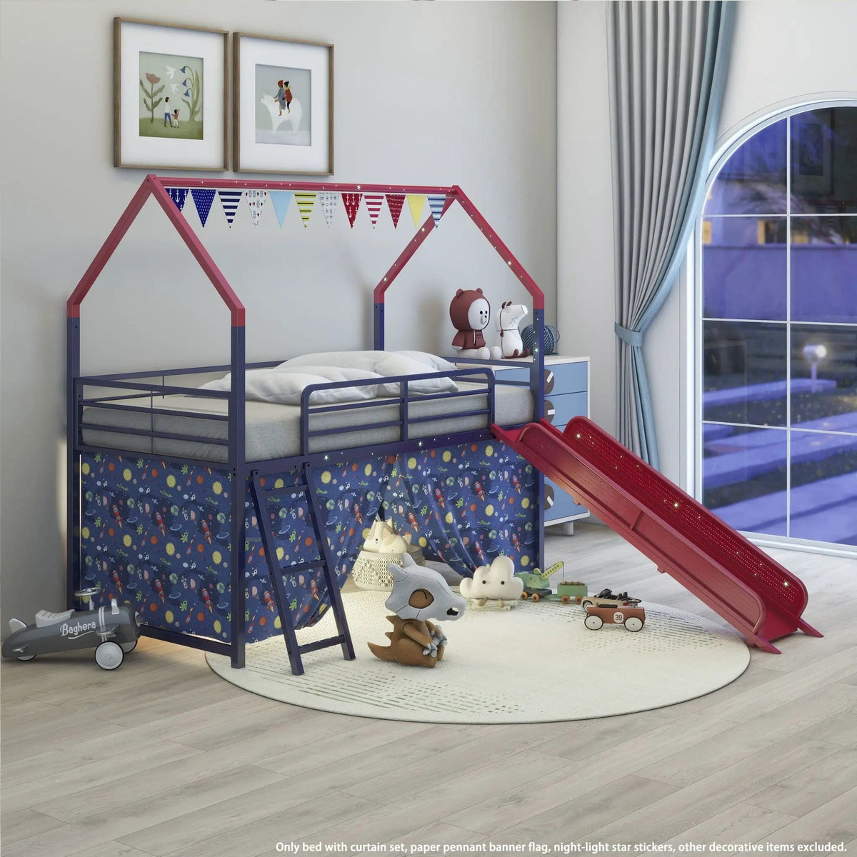 Jack House Loft Bed With Slide And Curtain Set | 5 Pieces | Metal | Bedroom