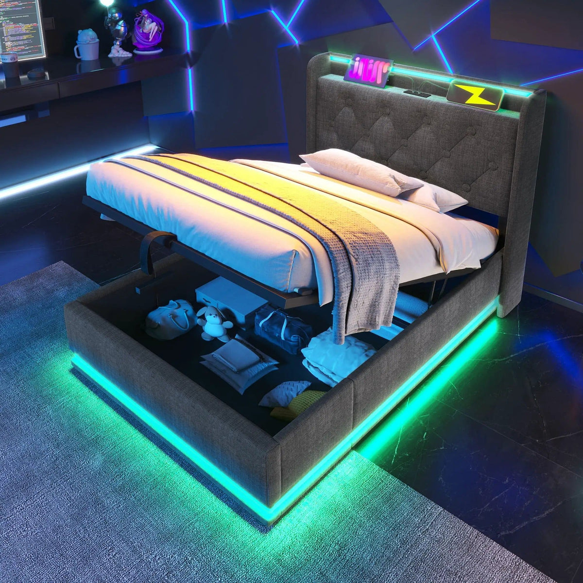 Upholstered Bed, 360 Surround LED Function, Remote Control, Hydraulic Storage Bed | 8 Pieces | Fabric & Iron | Bedroom