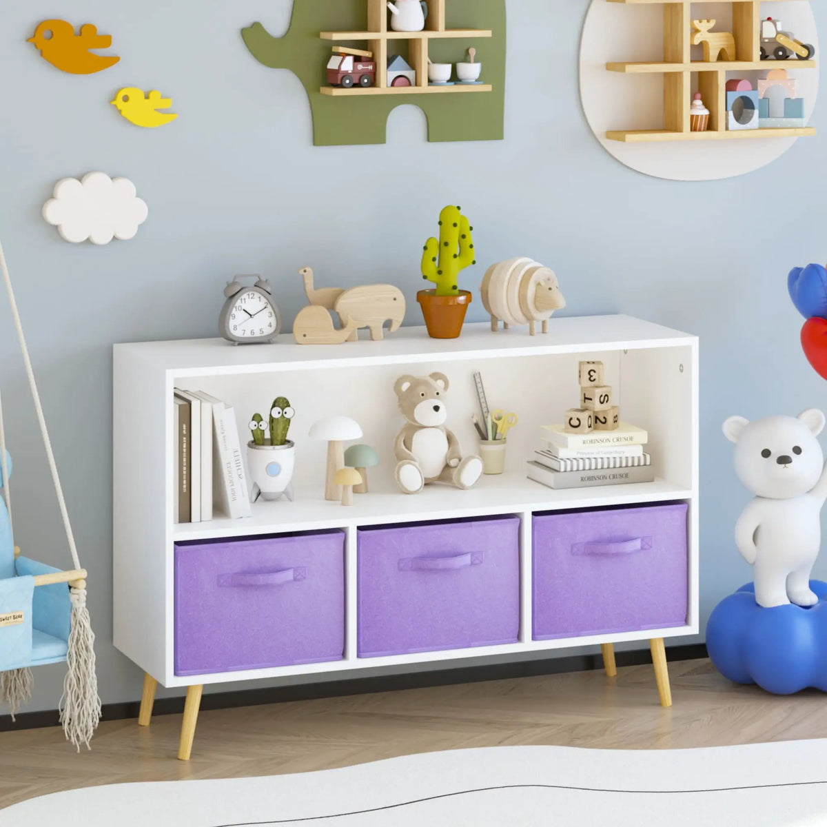 Bookcase With Collapsible Drawers | Three Fabric Drawers | Tip-Over Restraint | Book Display Organizer