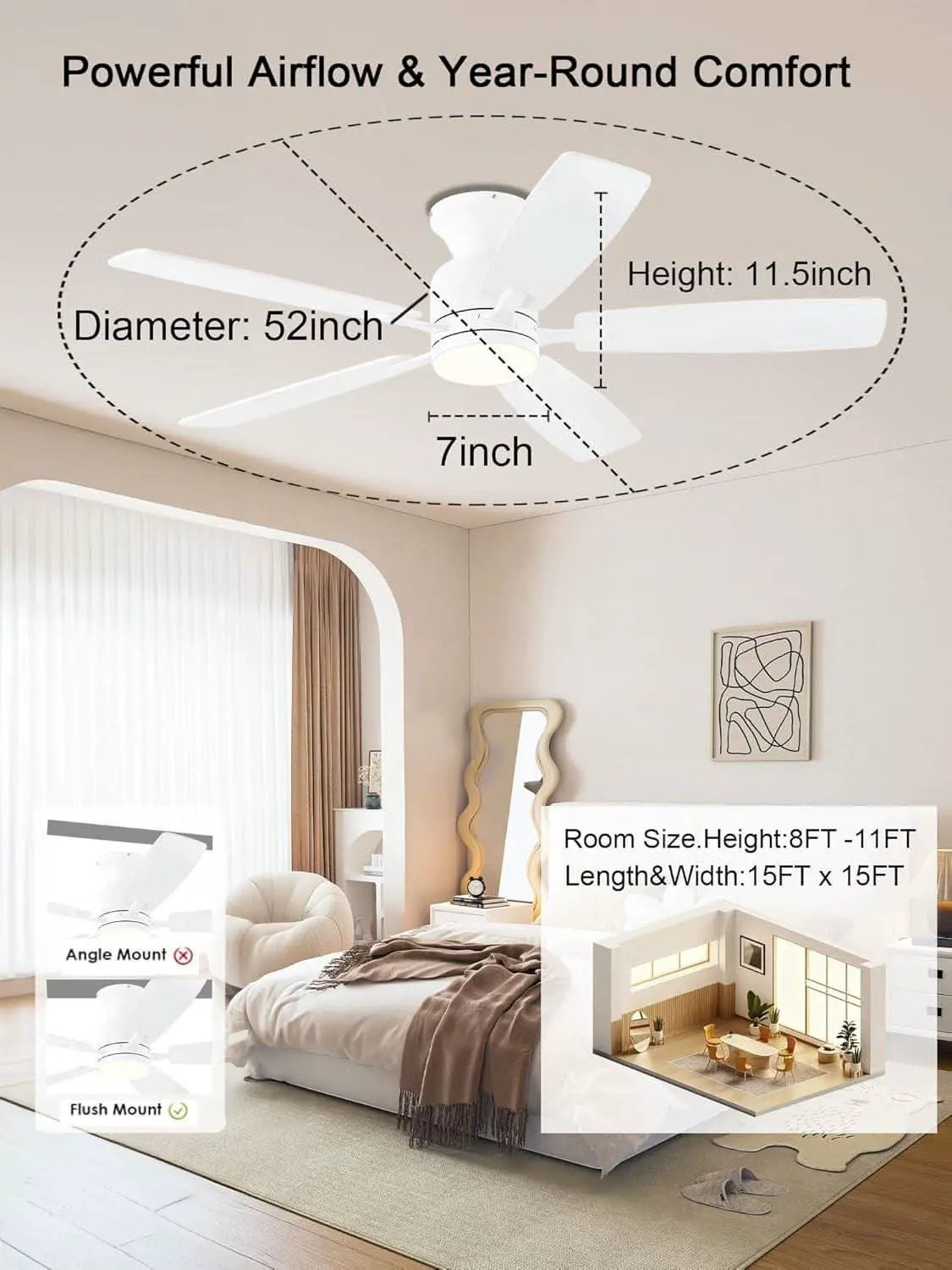 52 Inch Flush Mount Ceiling Fan Remote App Control from PriceLows™