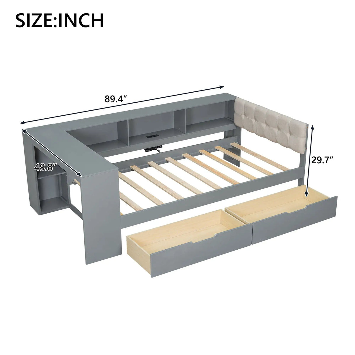 Upholstered Headboard Platform Bed | Storage Shelves | Two Drawers | Charging Station