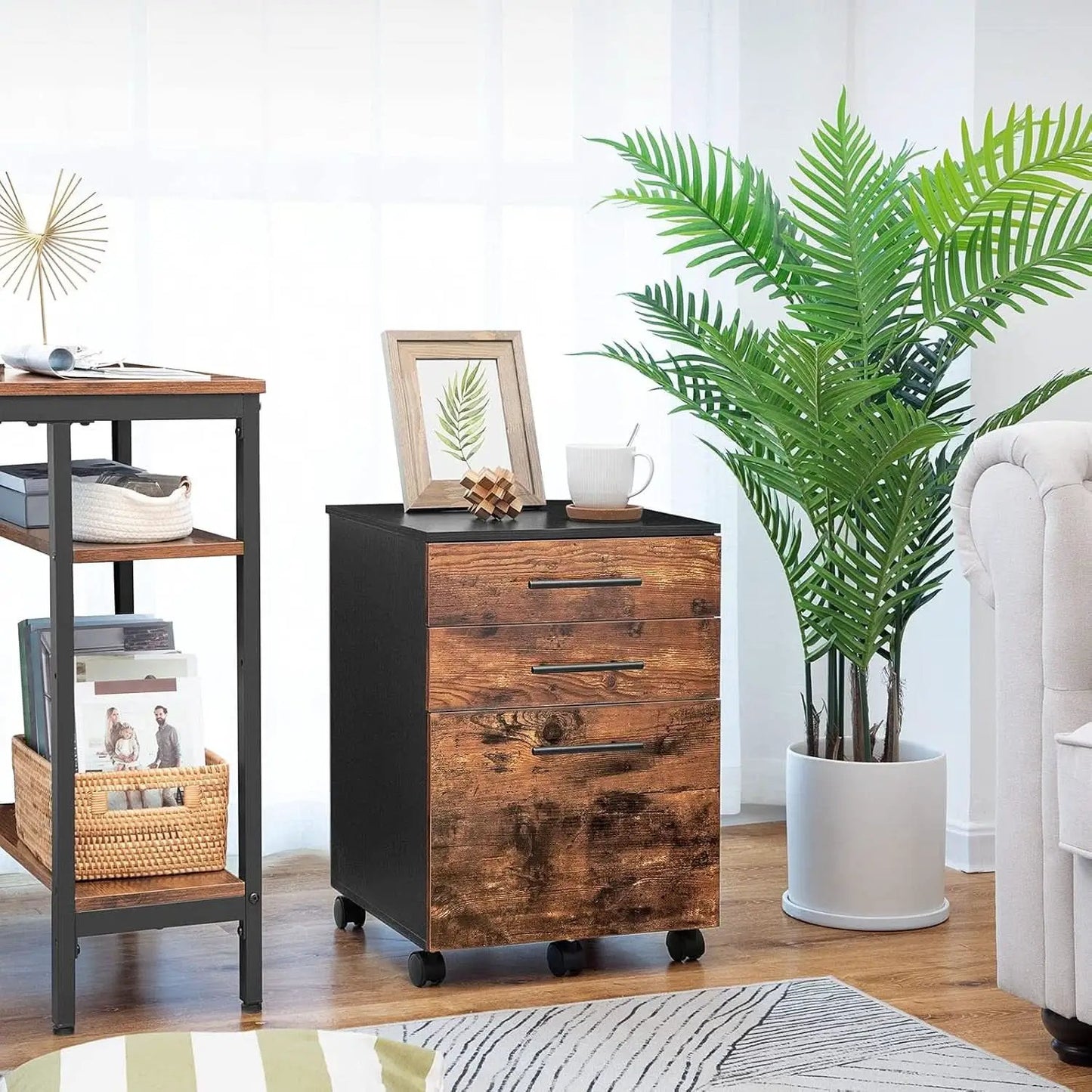 Wooden Three Drawer File Cabinet Under Desk Fits A4 Letter Size Rustic Brown Black Finish With Rolling Storage from PriceLows™