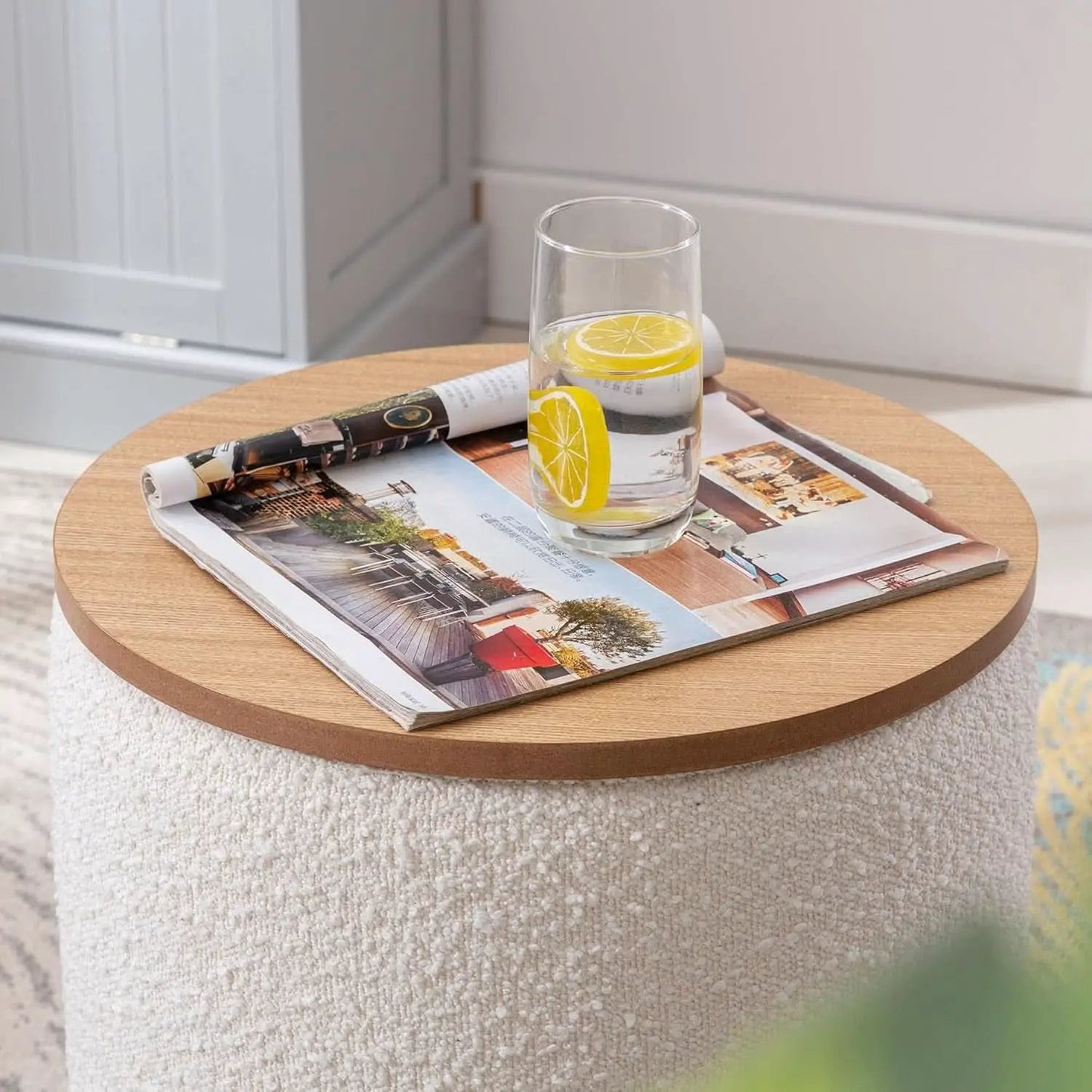 Circular Storage Ottoman Sixteen Inch White Boucle from PriceLows™