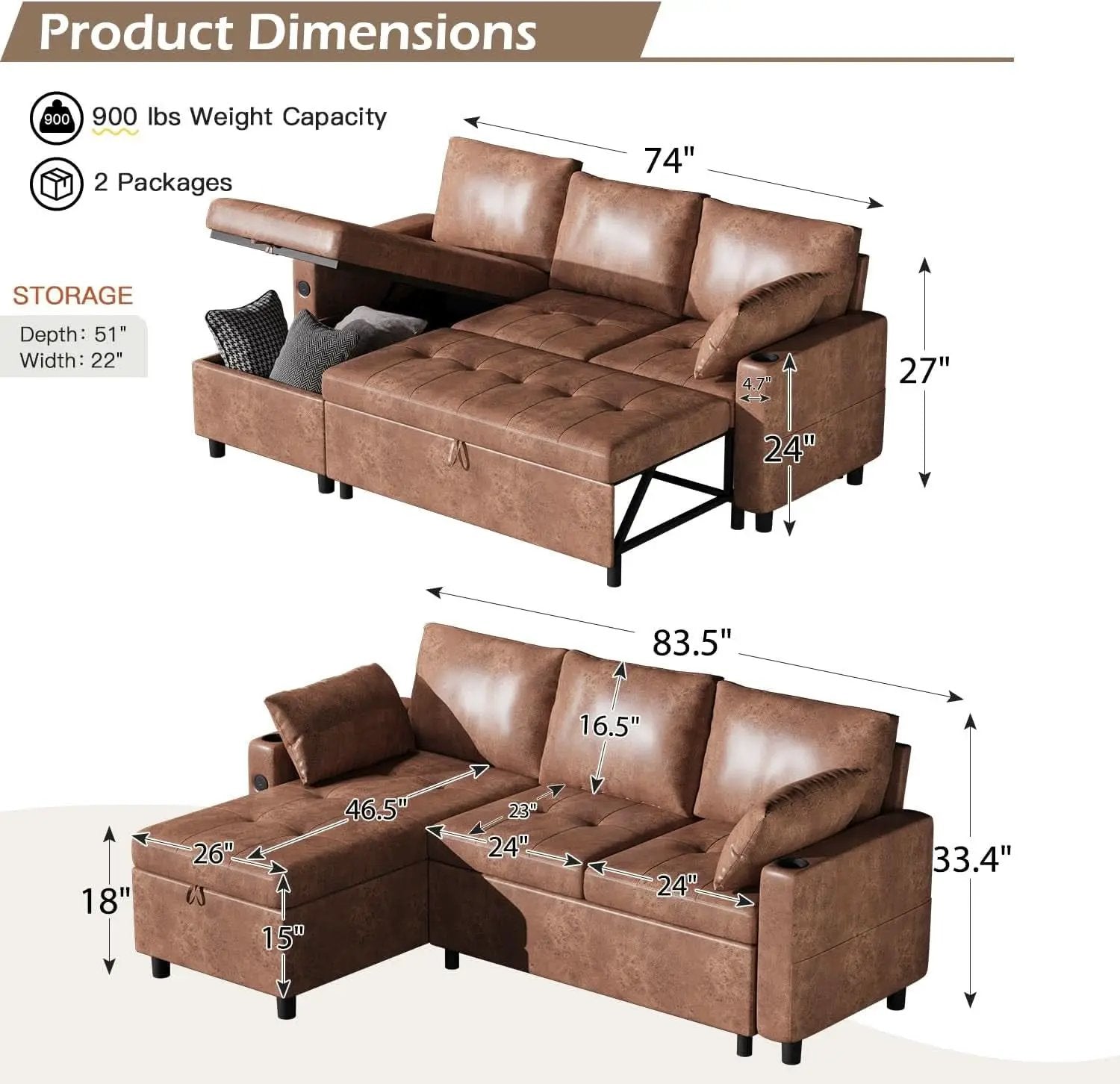 Brown Leather Sleeper Sofa Bed With Storage from PriceLows™