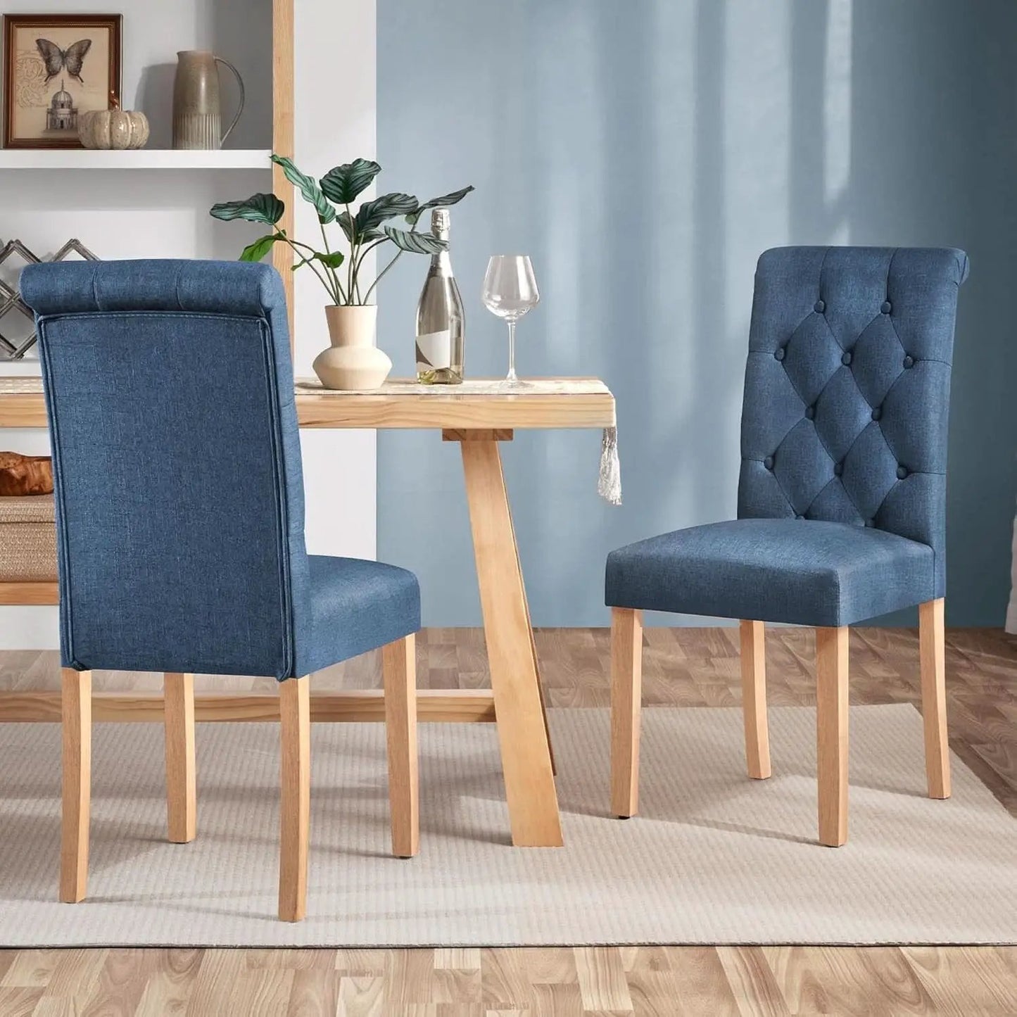 Blue Button Tufted Dining Chairs Set Of 2 With Solid Wood Legs from PriceLows™