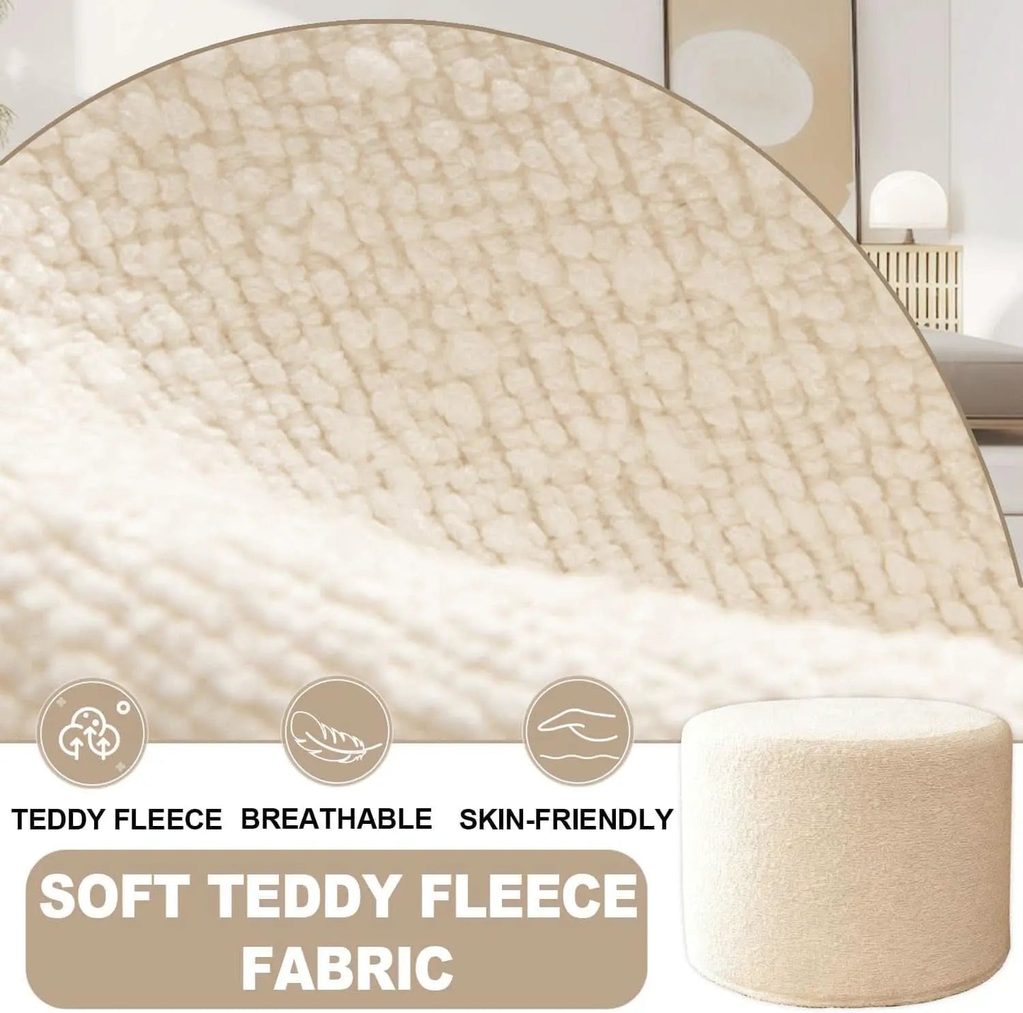Round Ottoman Foot Rest 17x17x14 White Boucle Fabric from PriceLows™