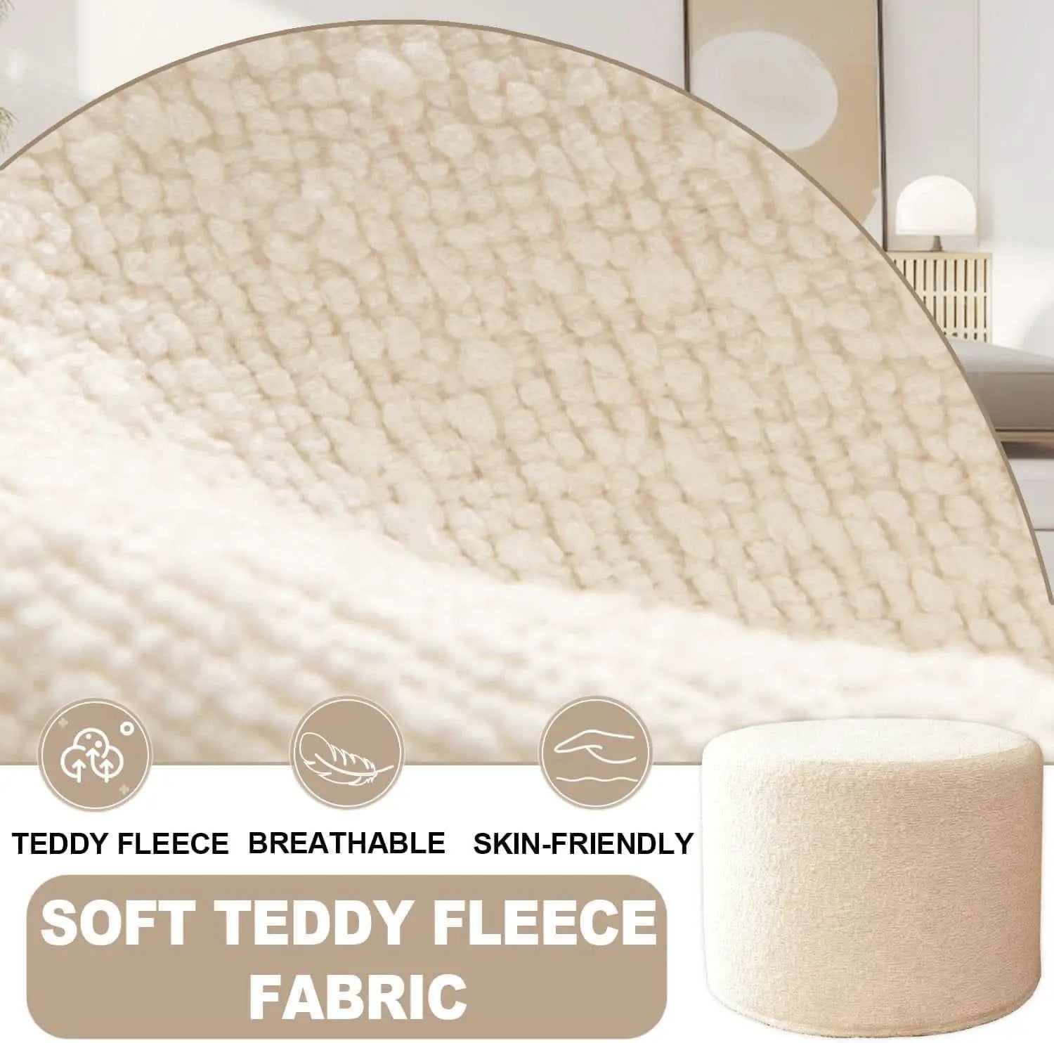 Round Ottoman Foot Rest 17x17x14 White Boucle Fabric from PriceLows™