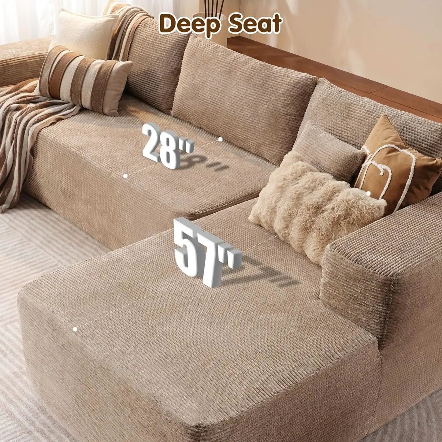 104 Inch Cloud Sectional Couch With L Shaped Chaise Modern Modular Sofa In Camel Corduroy Fabric from PriceLows™