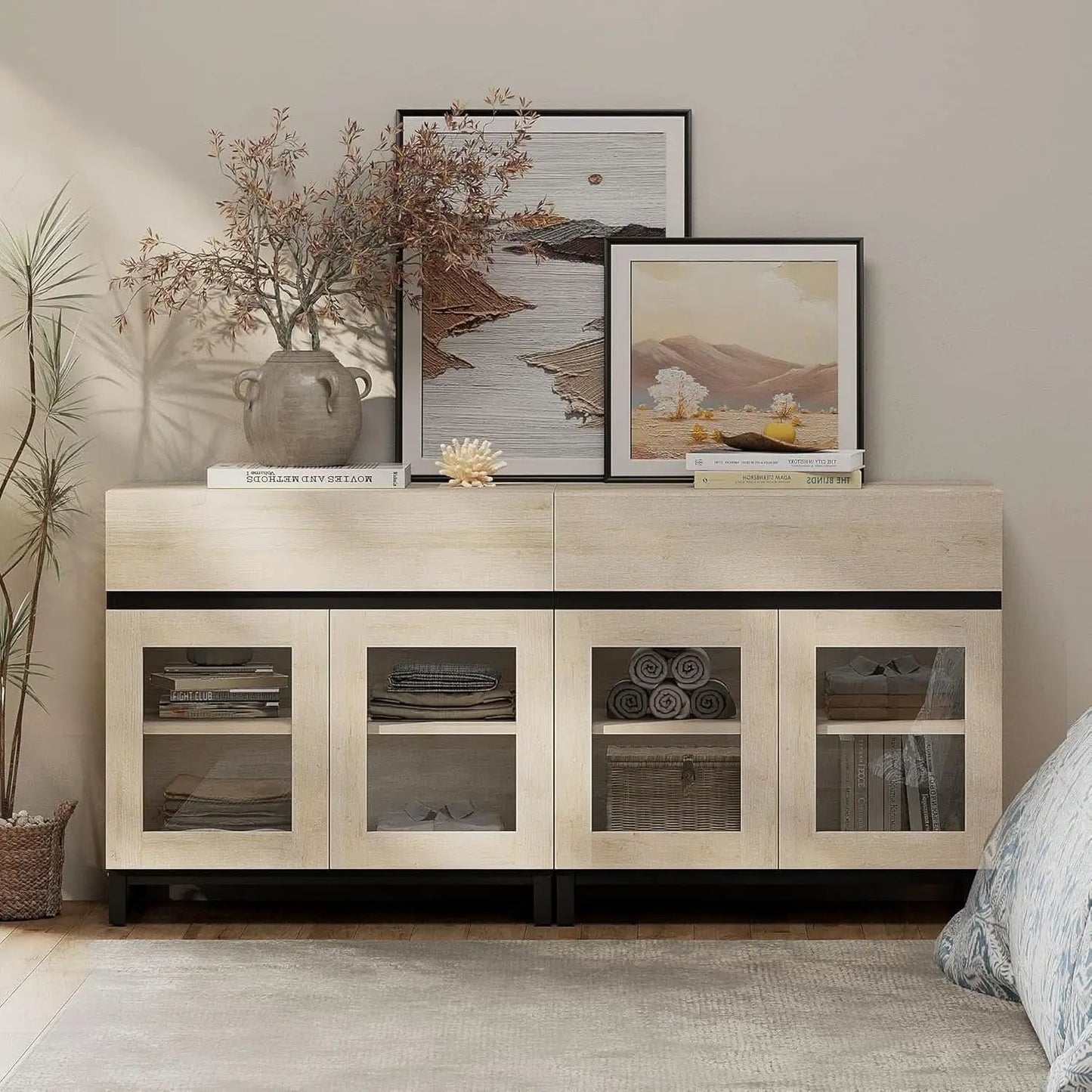 Oak Sideboard Buffet With Glass Doors Light Finish from PriceLows™