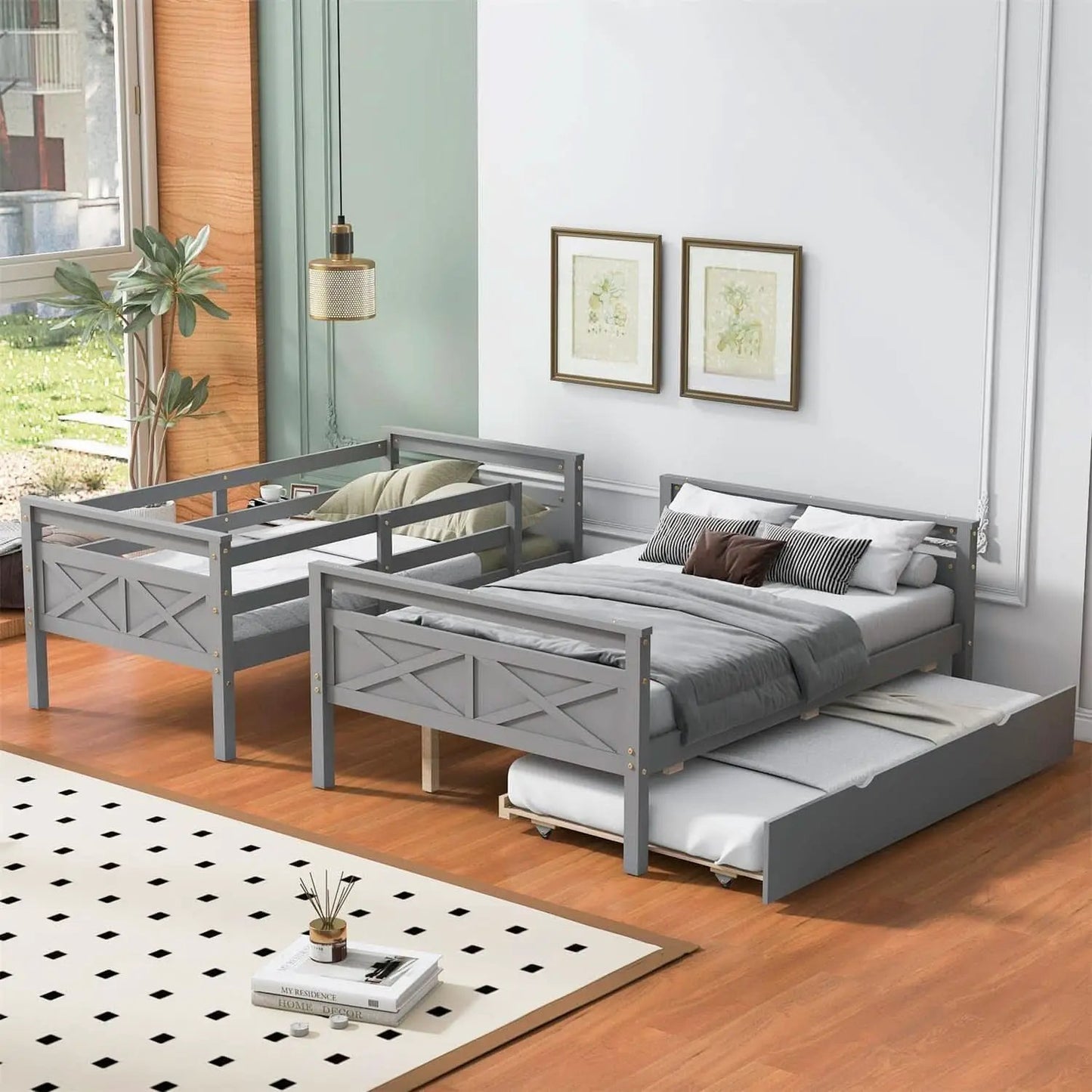 Grey Trundle Bunk Bed Twin Over Full With Guardrail from PriceLows™
