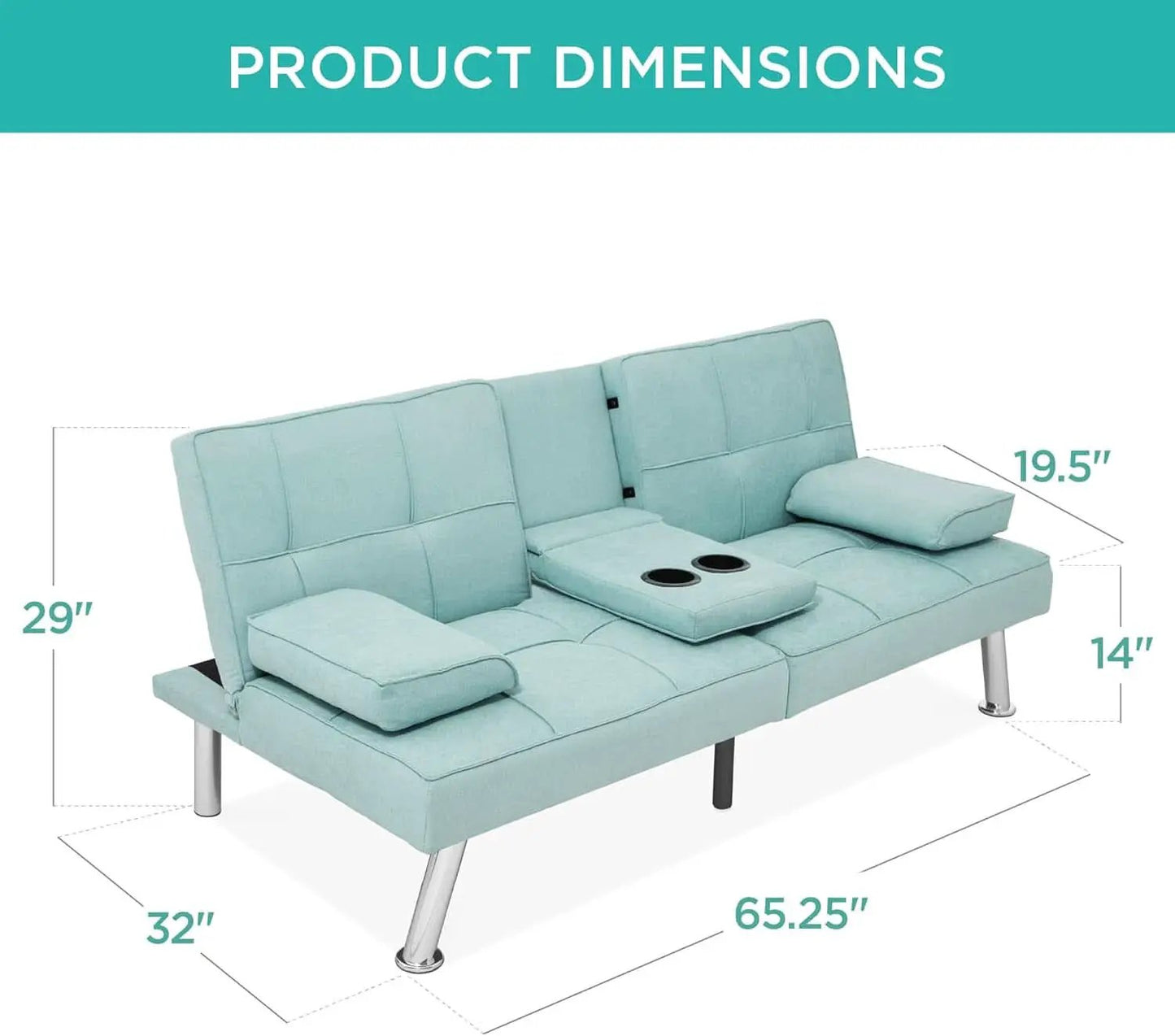 Linen Folding Futon Sofa Bed Aqua With Removable Armrests from PriceLows™