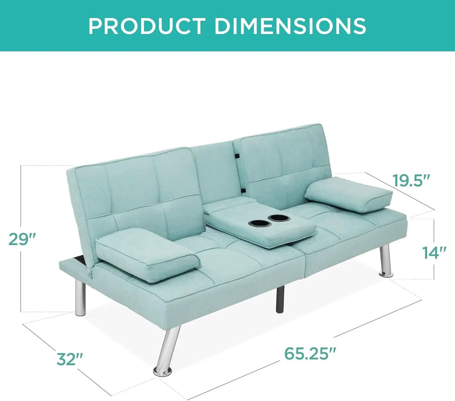 Linen Folding Futon Sofa Bed Aqua With Removable Armrests from PriceLows™