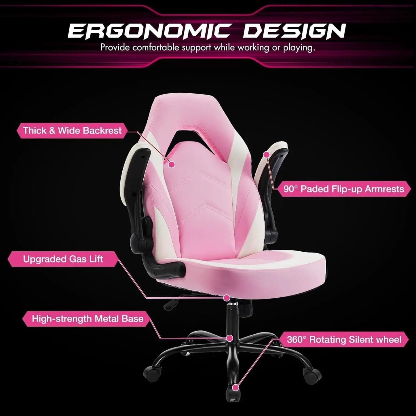Pink Ergonomic Gaming Desk Chair With Adjustable Armrests from PriceLows™