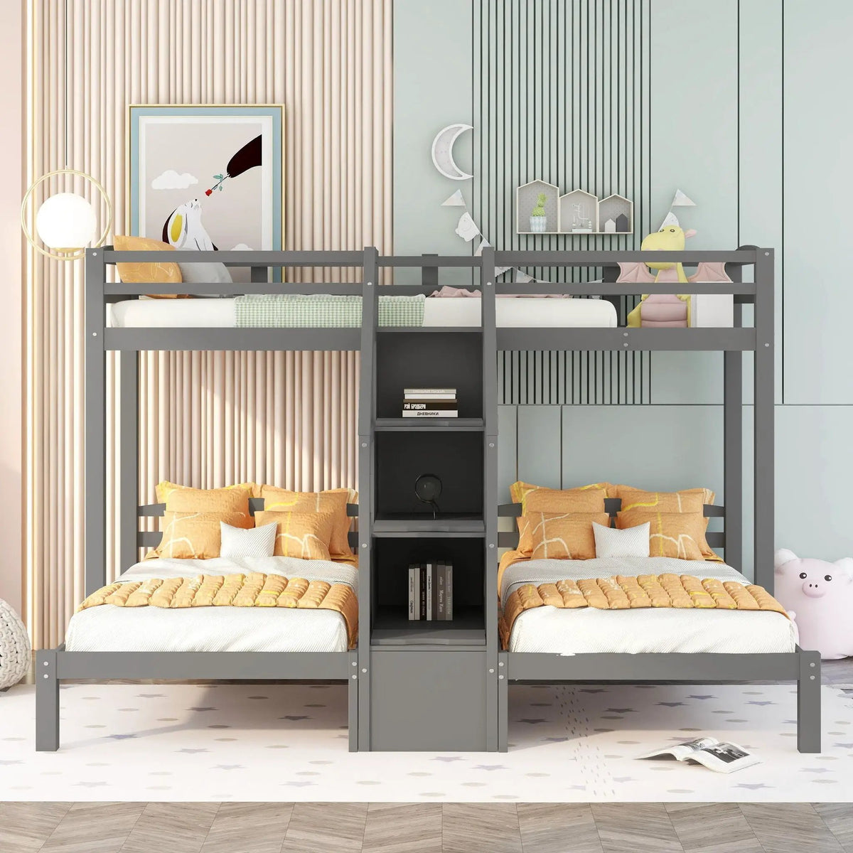 Twin Over Twin Bunk Bed | Built-In Staircase With Drawers | Upper Storage Shelf | Gray