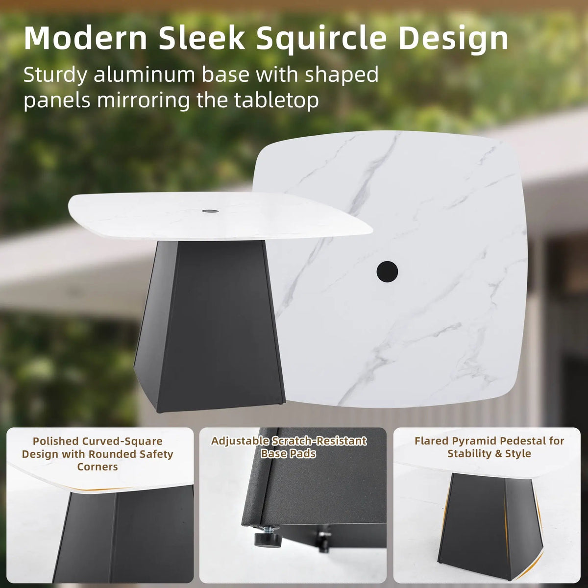 Outdoor Patio Dining Set | Squircle Sintered Stone Table | Sunbrella Cushion Chairs | Rust-Free Aluminum Frame