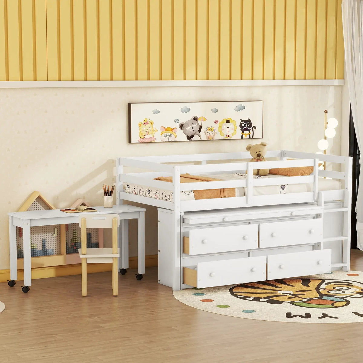 Loft Bed With Retractable Desk | 4 Front Drawers | Lateral Portable Desk | Side Shelves