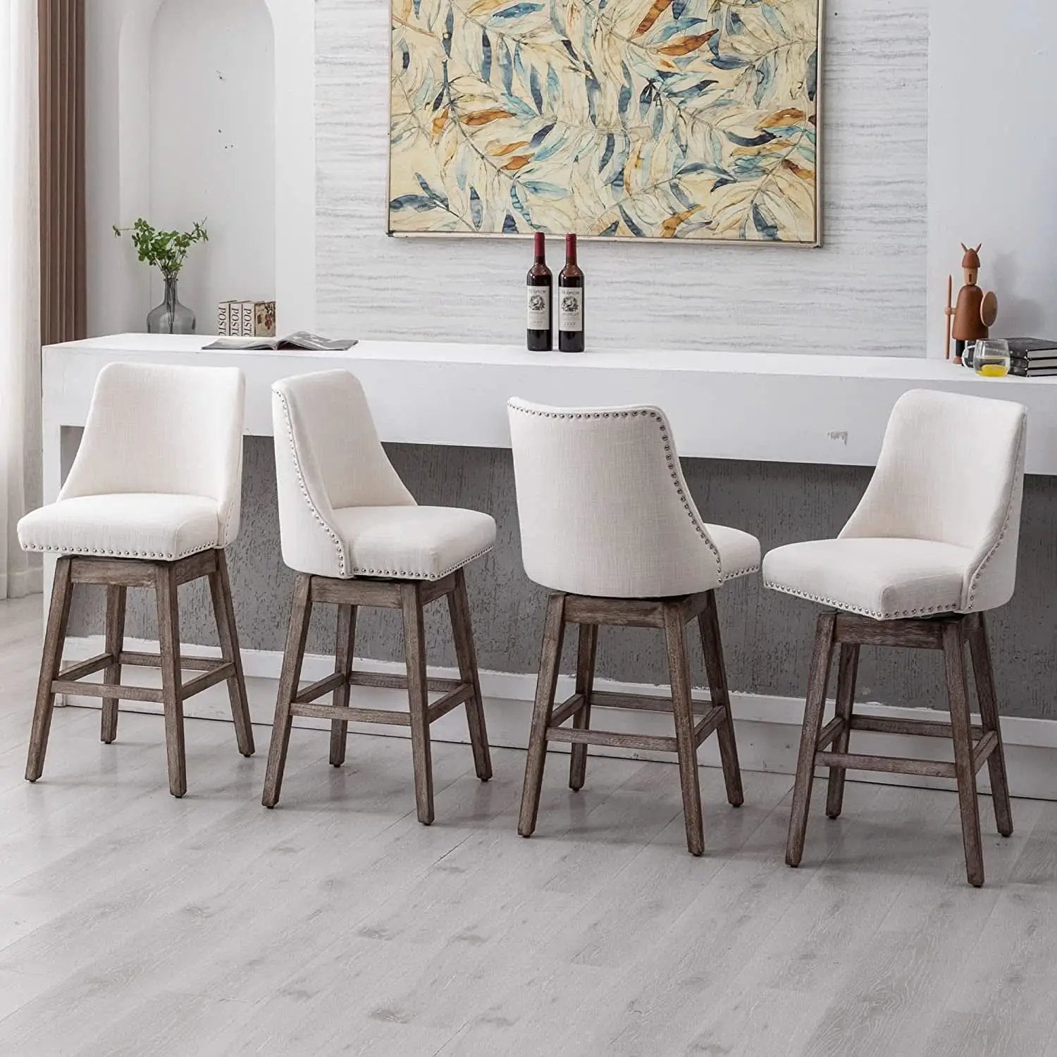 Swivel Upholstered Bar Stool With Back Wood Legs Set Of 4 from PriceLows™