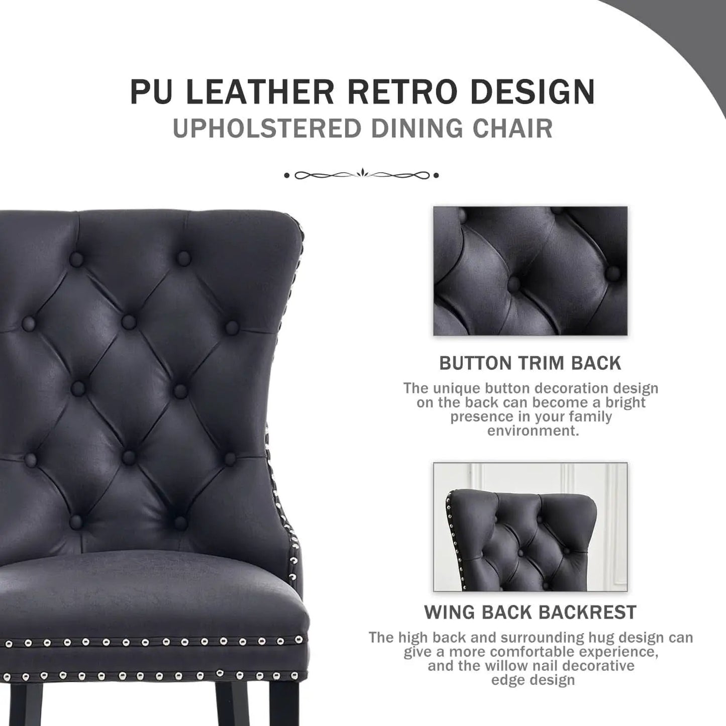 Leather Dining Chairs Set Of 4 Wingback Upholstered With Nailhead Trim Black from PriceLows™