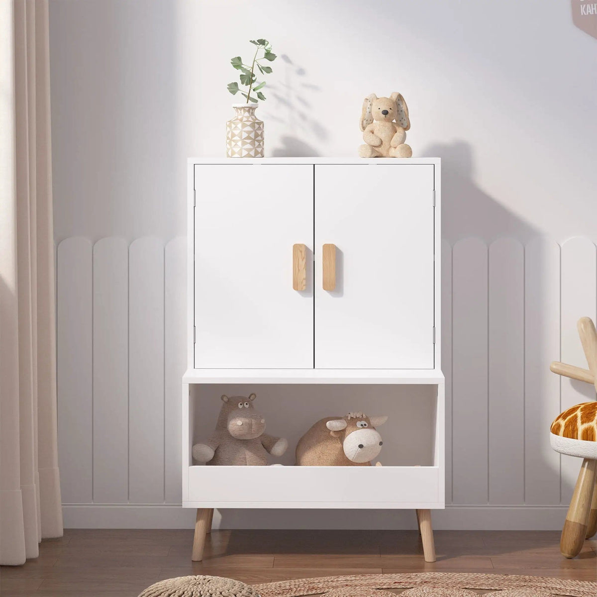 Toy Storage Cabinet With Doors And Open Shelf, Toddler Bookshelf For Playroom | 23.62 x 13.78 x 37.4 in | Solid Wood | White