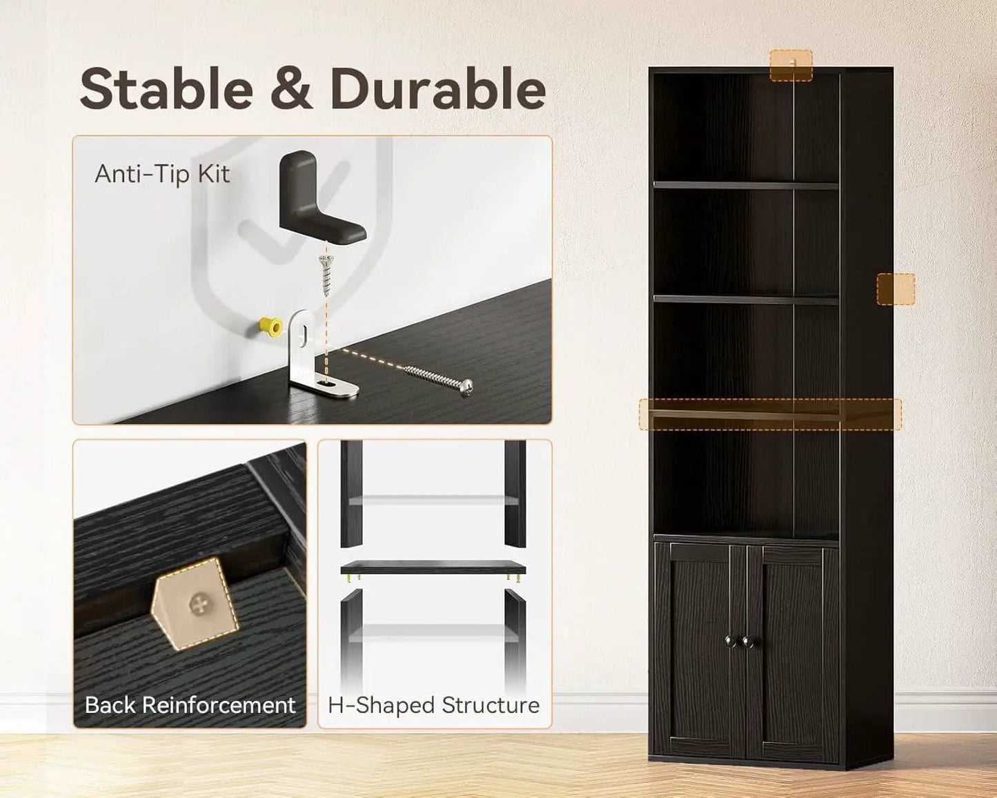 Black Six Tier Floor Standing Bookshelf With Doors from PriceLows™