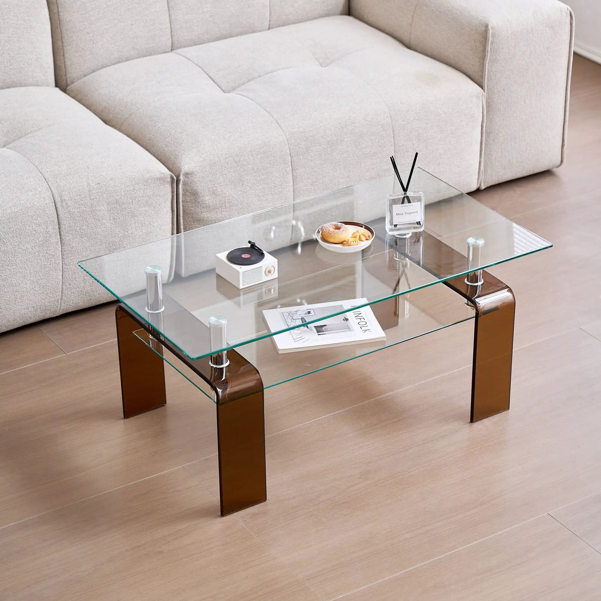 Tempered Glass Coffee Table | Two Tier Storage | Modern Geometric Design