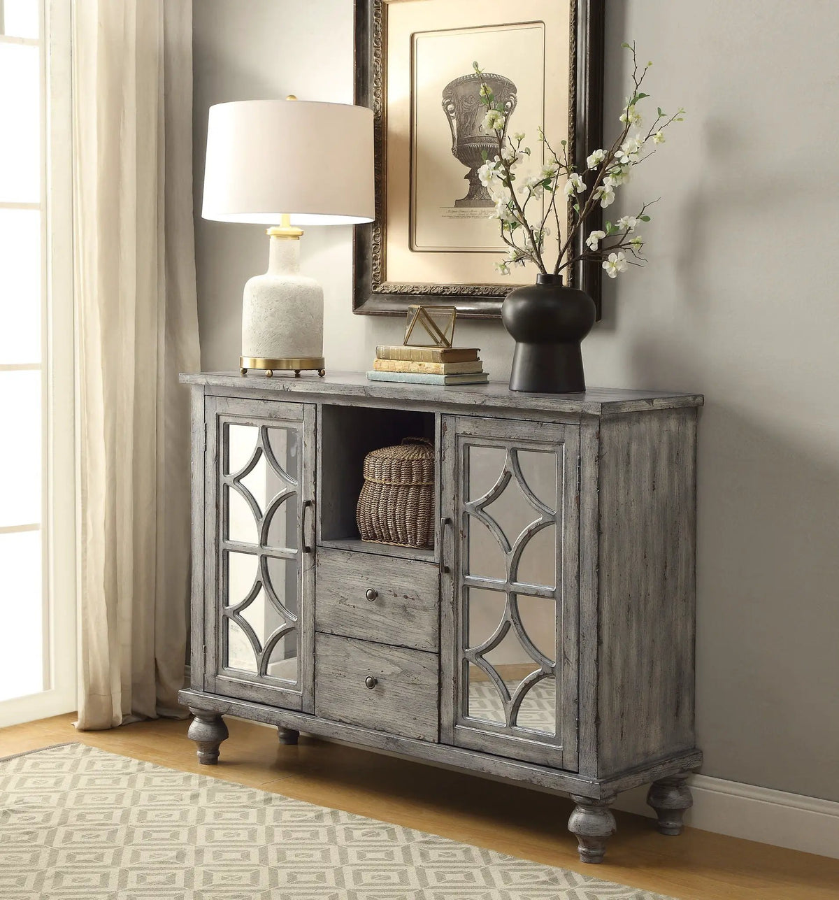 Velika Weathered Console Table | Gray Finish | Open Compartment Storage | Two Doors