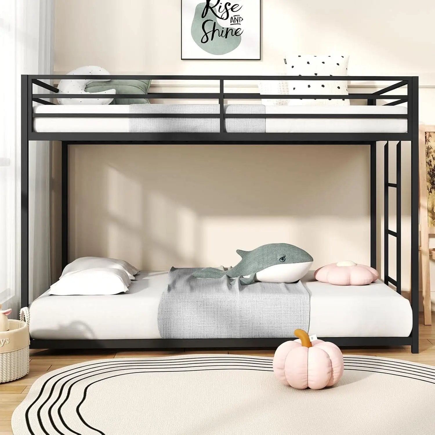 Twin Over Twin Metal Low Profile Bunk Bed With Guardrails And Ladder Black from PriceLows™