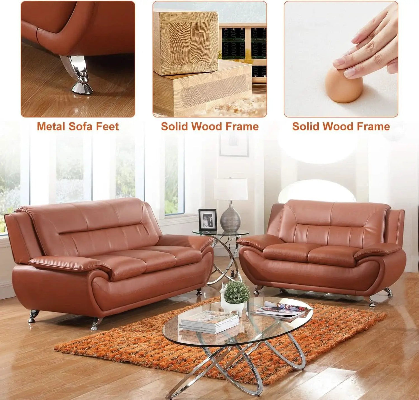 Faux Leather Two Piece Sofa Set In Orange With Wood Frame from PriceLows™