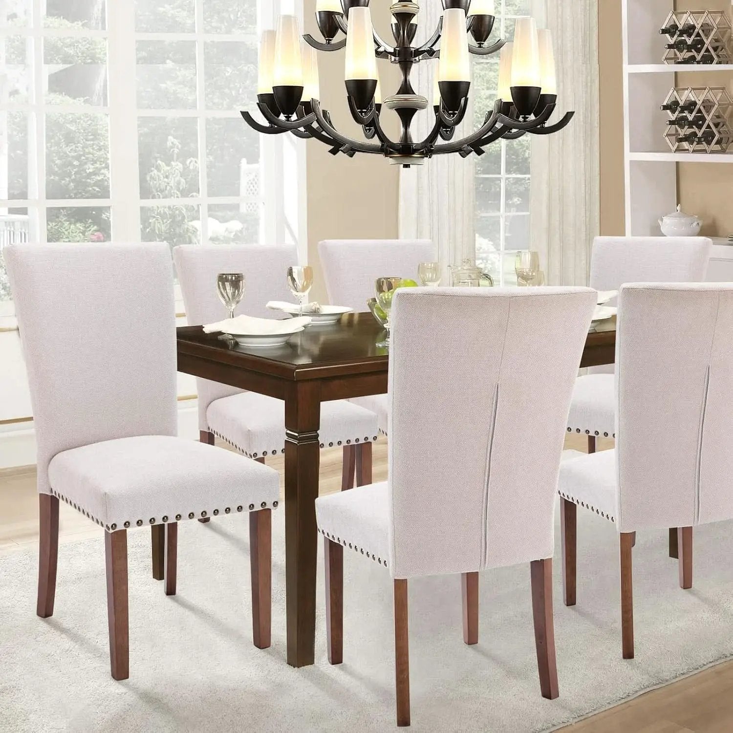 Parsons Dining Chairs Beige Upholstered Nailhead Set of 4 from PriceLows™