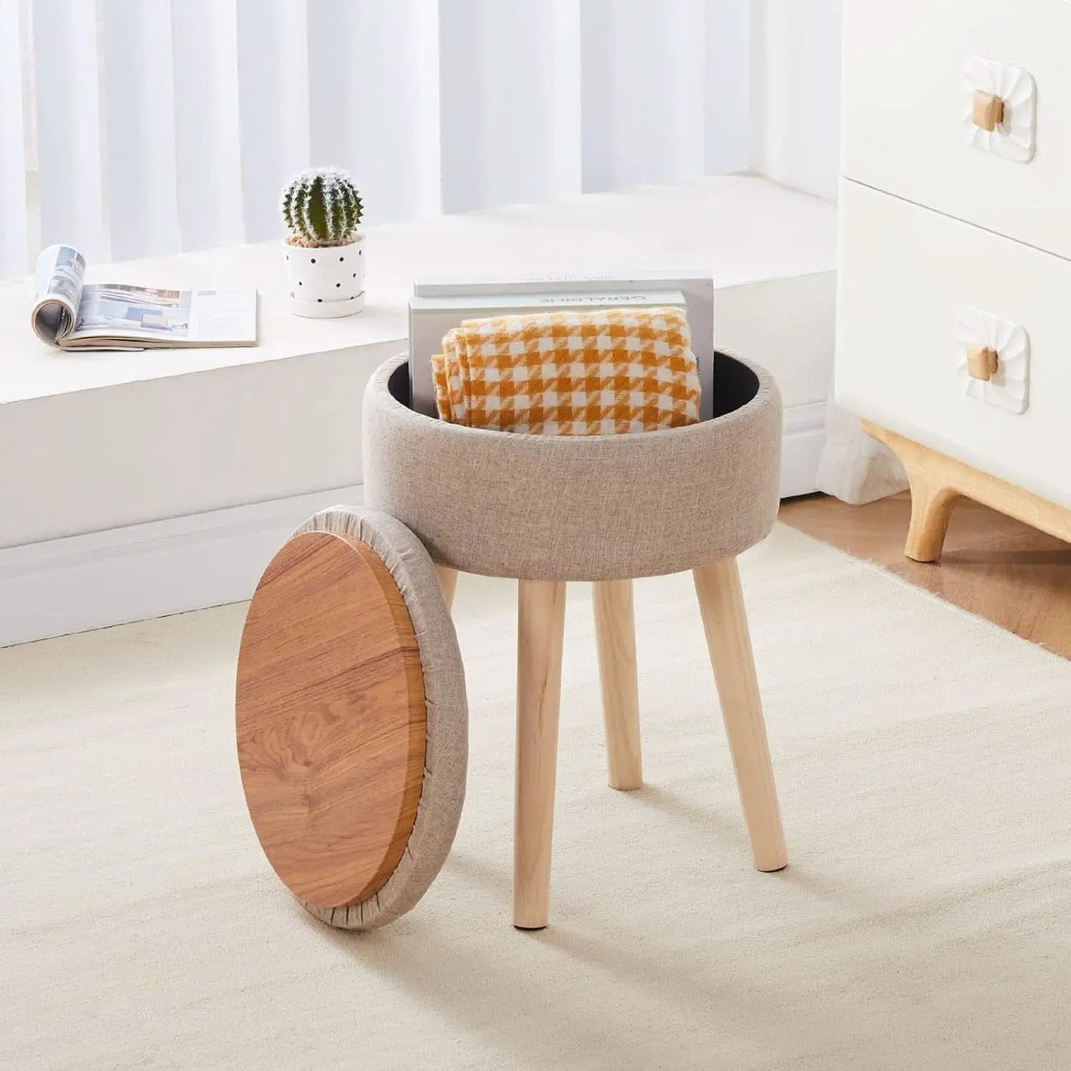 Khaki Linen Storage Velvet Upholstered Ottoman With Tray from PriceLows™