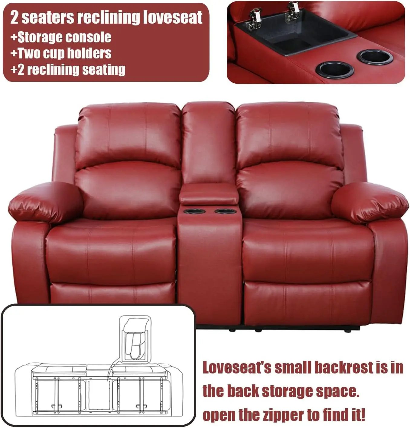 Red Faux Leather Reclining Loveseat With Storage Console from PriceLows™