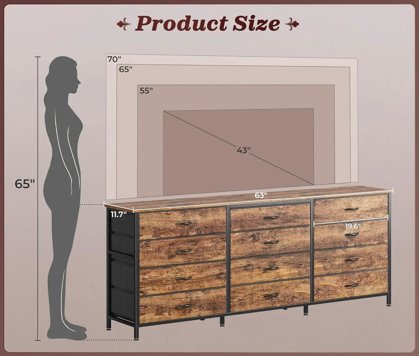 63Inch Dresser With Premium Fabric Drawers RusticBrown from PriceLows™