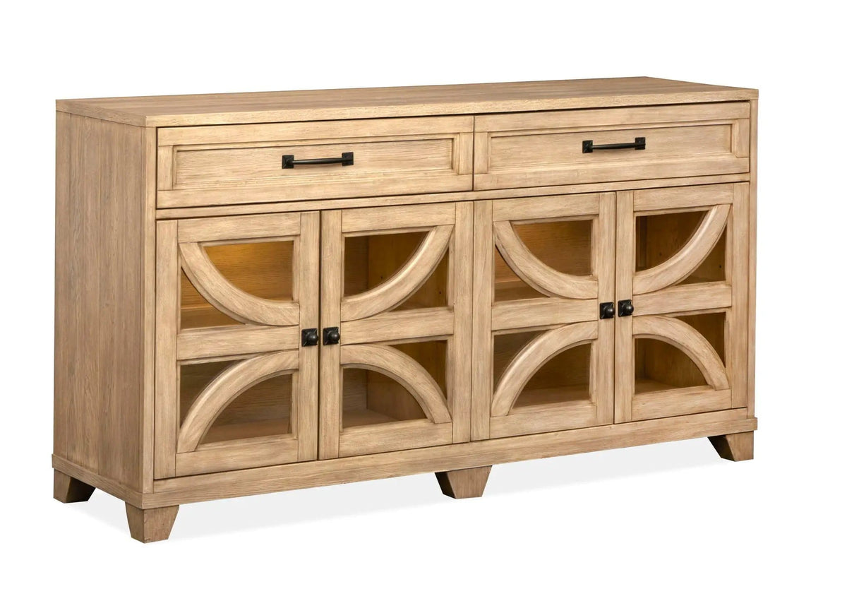 Coventry Buffet | 18 x 66 x 36 in | Oak Veneer & Tempered Glass | Honey Maple
