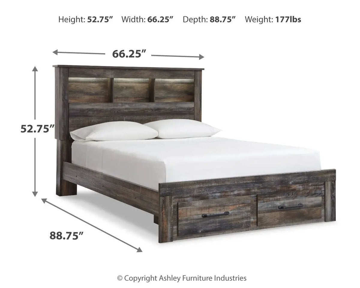 Drystan Panel Bookcase Bed | Storage Headboard | Rustic Industrial Style | 85 Inch Length