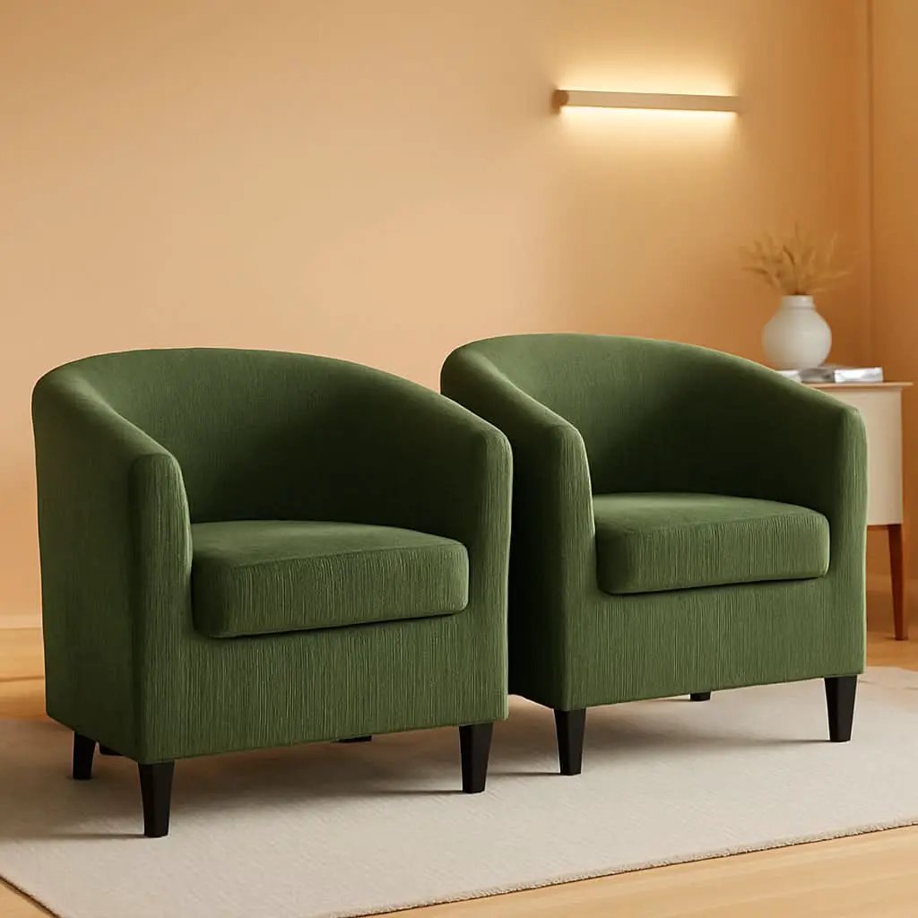 Corduroy Barrel Chairs Set of 2 Dark Green Upholstered from PriceLows™