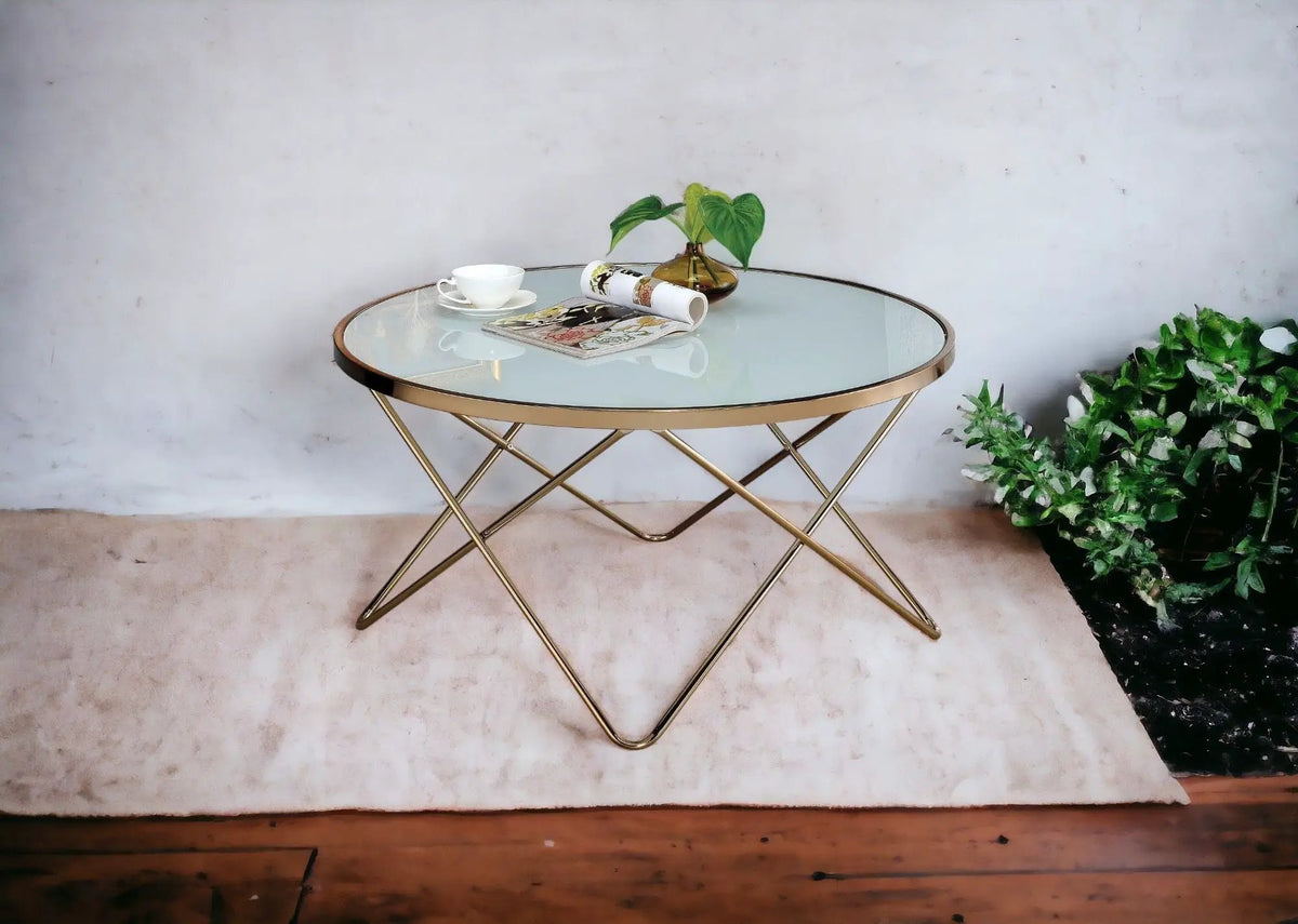 Valora Glass Coffee Table | Round 34 Inch | 5mm Smoky Glass Top | Overlapped Metal Base