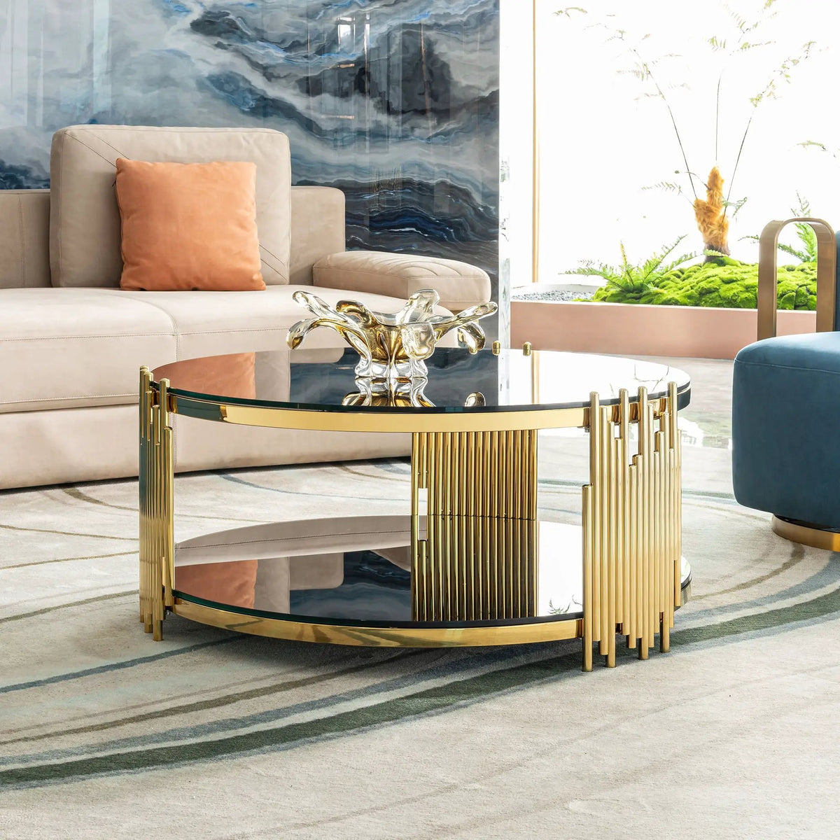 Round Side Table | Double Layer Tempered Glass Top | Mirror Finish Stainless Steel Frame | 21.65 Inch Height