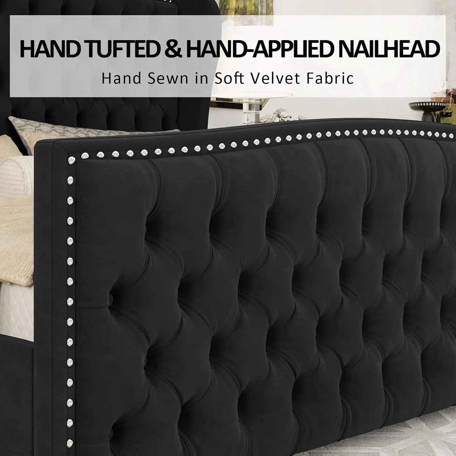 Queen Size Platform Bed Frame With Nailhead Trim Deluxe from PriceLows™