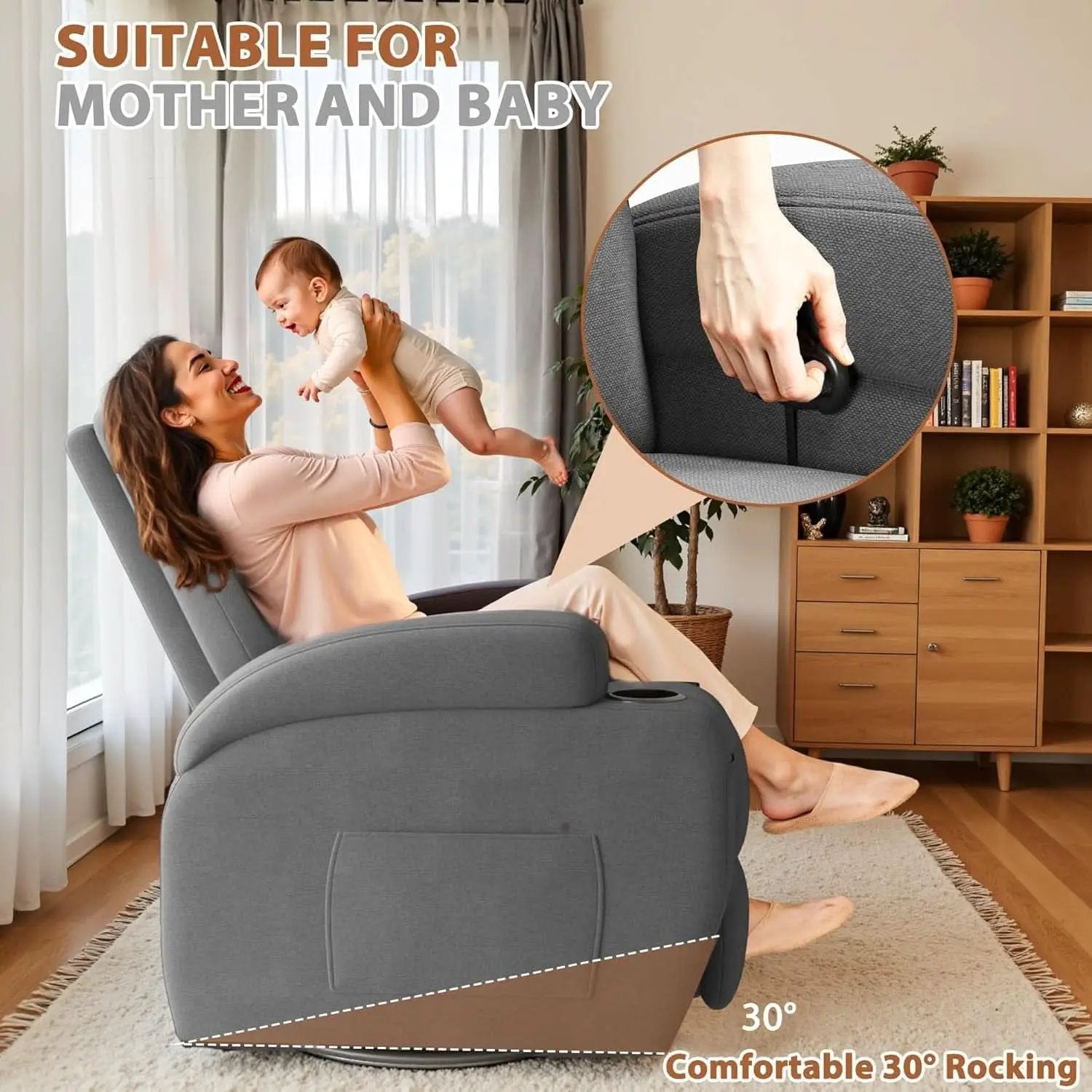 Gray Fabric Swivel Rocker Recliner With Vibration Massage from PriceLows™