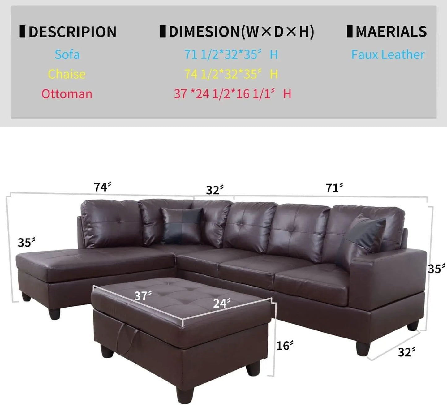 Brown Leather Sectional Sofa Set With Storage Ottoman And Left Facing Chaise