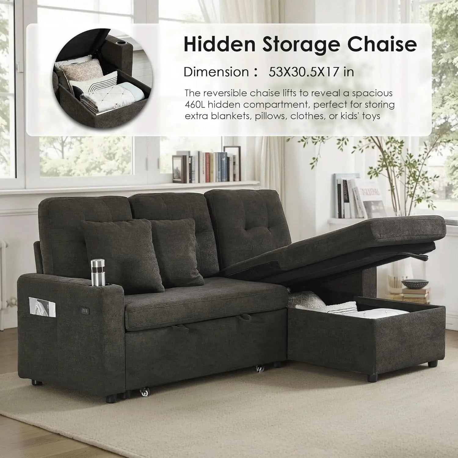 Dark Grey Microfiber Reversible Sectional Sofa Bed With USB from PriceLows™