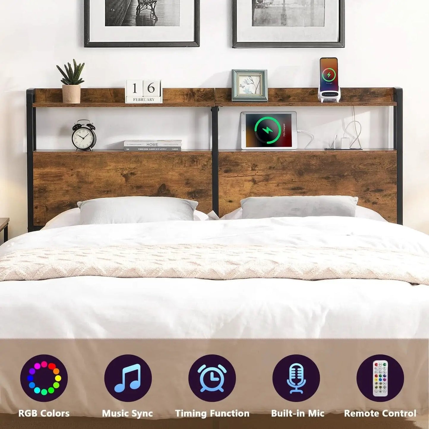 Queen Size Headboard with Storage and Charging Station from PriceLows™