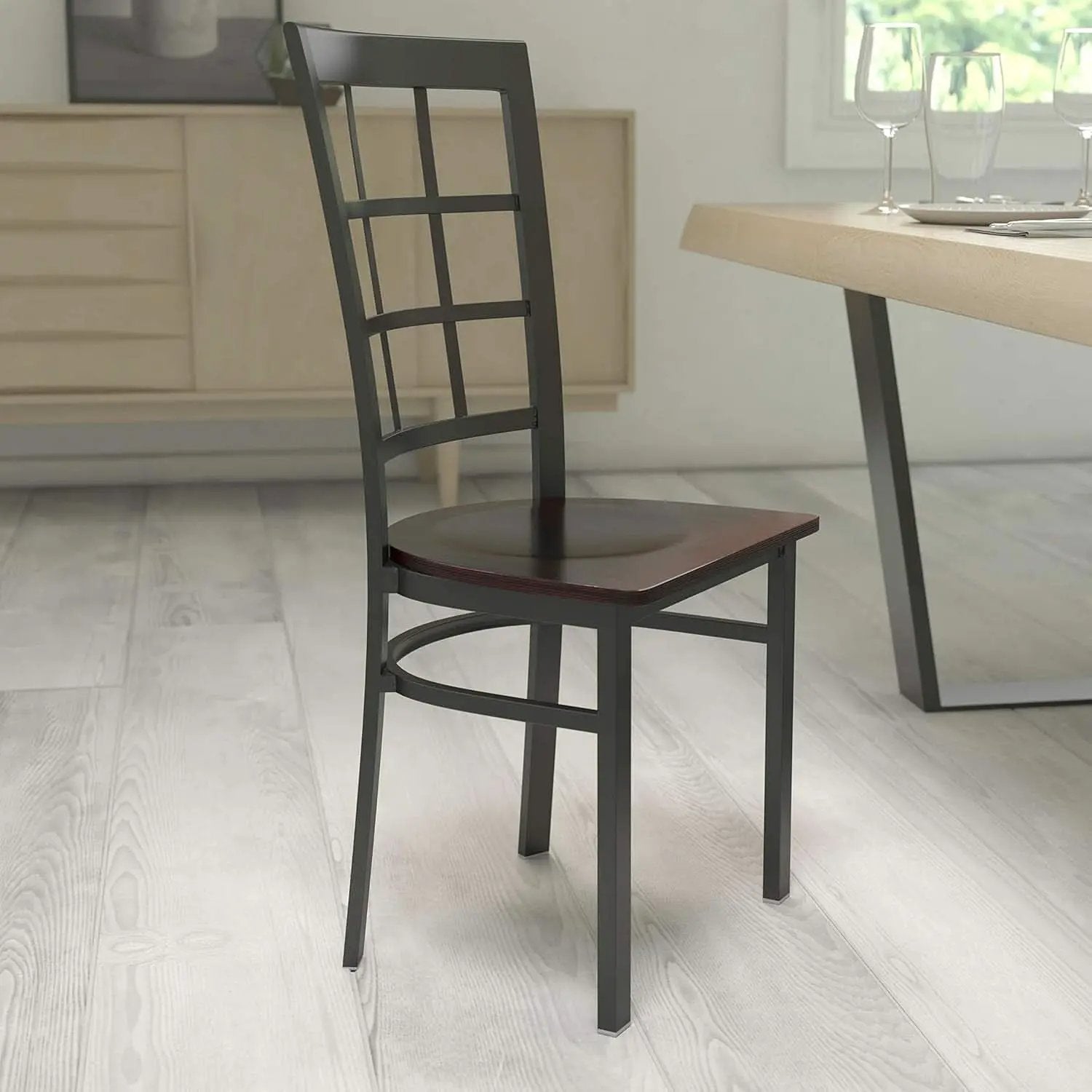 Black Window Back Metal Dining Chair With Walnut Wood Seat from PriceLows™